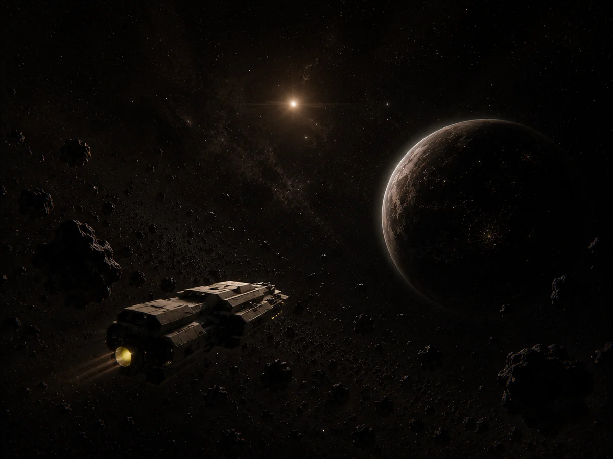 Sector Space with ship, asteroid field and planet